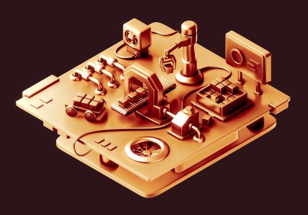 黄金工厂机器与输送带和工程机器人手臂拾取金属盒的3d插图。现代工业自动输送带制造技术图片下载