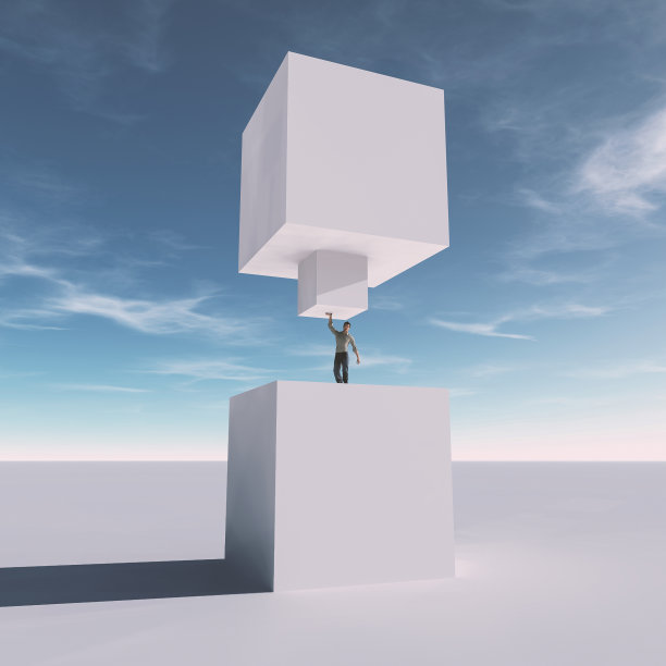 男人在举立方体。启动和开发概念。这是一个3d渲染图。图片下载