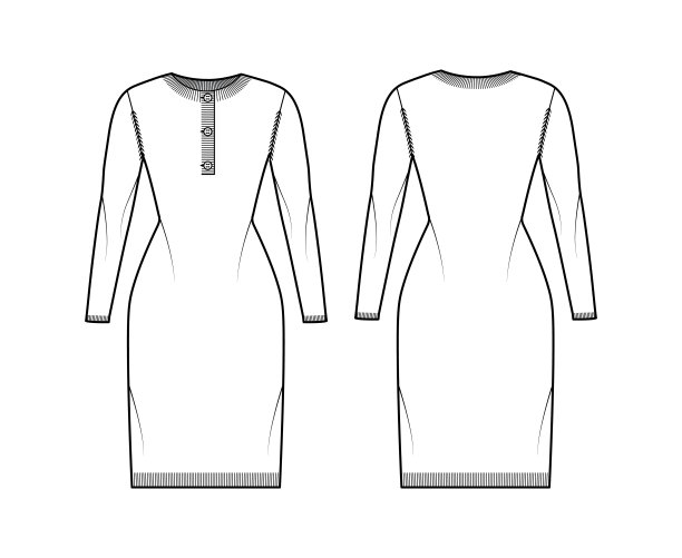 连衣裙毛衣henley颈部技术时尚插图与长袖，苗条的fit，膝盖长度，罗纹针织修剪。平图片下载