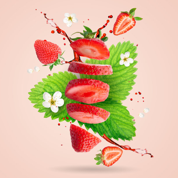 草莓浆果漂浮在粉红色的背景上。草莓的背景。图片下载