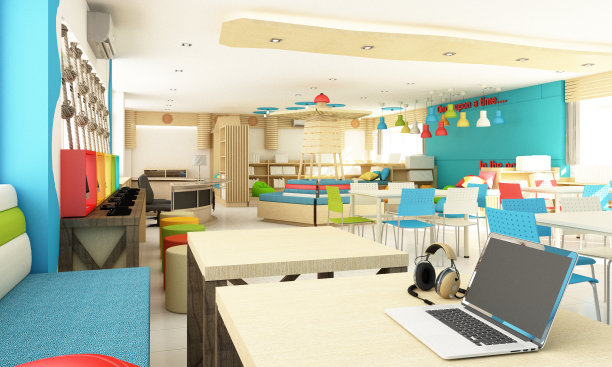 儿童学校图书馆室内设计为学生用五颜六色的木材。乐趣和海洋概念3d渲染图片下载
