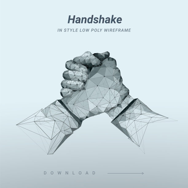 两只手。兄弟握手。抽象插图孤立在蓝色背景。低聚线框。手势的手。神经丛的轮廓线和点。高科技3 d图片下载