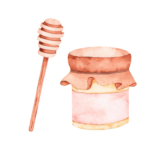 一套水彩画:在白色背景上孤立的蜂蜜罐子和勺子。蜜蜂的农产品。图片下载