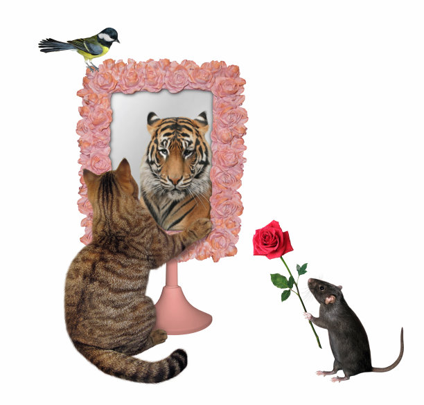 猫看着方形的粉红色镜子图片下载