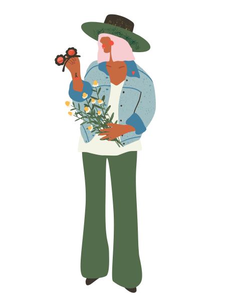 嬉皮士女人孤立。一个戴着眼镜的帽子，手里拿着一束雏菊的女孩。为卡片，海报，传单，横幅和其他用途设计模板。手绘矢量插图。图片下载