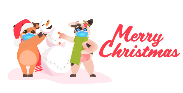 戴着圣诞帽的小牛和雪人站在一起图片下载