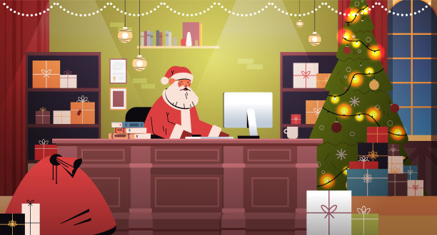 圣诞老人坐在工作场所使用图片下载