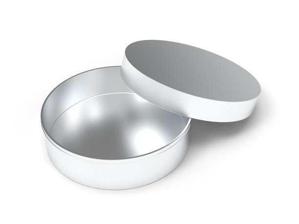 银色圆形金属包装盒，白色背景。三维渲染图片下载