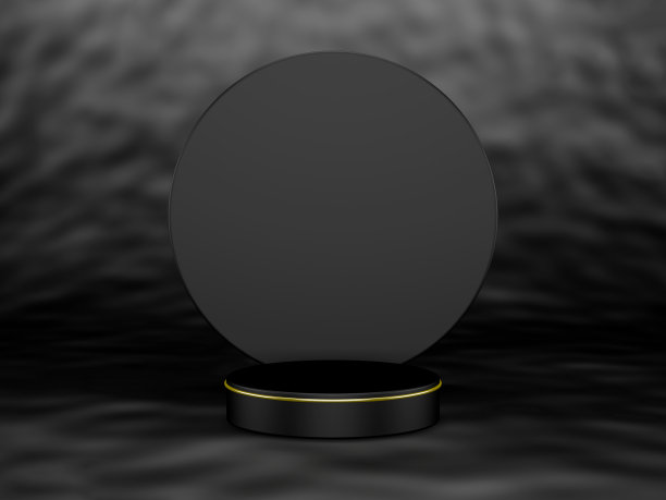 3D场景-优雅的黑色舞台讲台与一个圆柱体和金色的线条适合化妆品/ 3D渲染图片下载