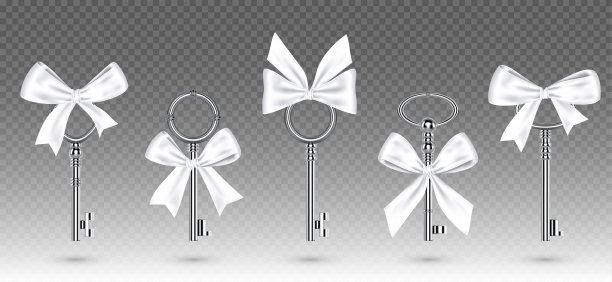 旧银钥匙，系着白色蝴蝶结作为礼物图片下载
