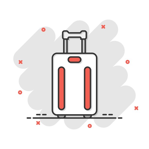 漫画风格的旅行袋图标。行李卡通矢量插图在白色孤立的背景。行李飞溅效应经营理念。图片下载