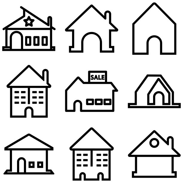 矢量图标。可编辑的中风。这些建筑有一层和两层，有车库，有烟囱。门窗库存插图图片下载