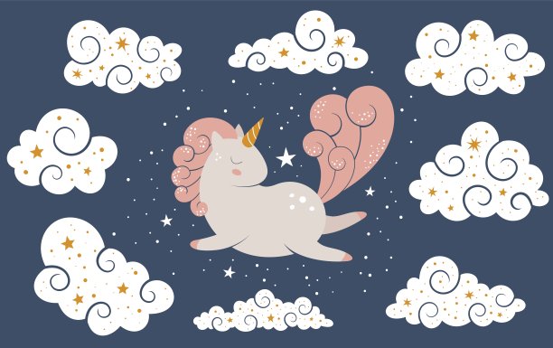 婴儿可爱的独角兽设计飞行在云之间的星星图片下载