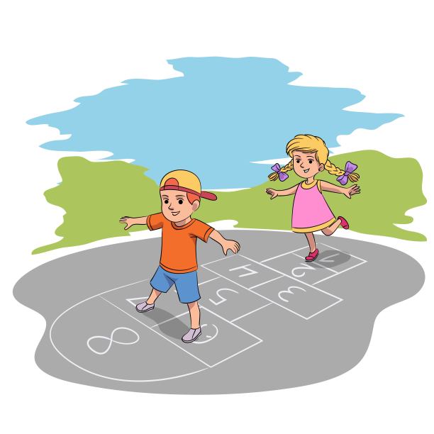 孩子们在外面玩跳房子游戏。快乐的男孩和女孩在操场上跳跃。有趣活跃的户外活动矢量插图。人行道上用粉笔写的数字。图片下载