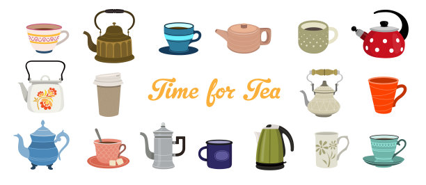 茶壶套杯，平面设计风格。图片下载