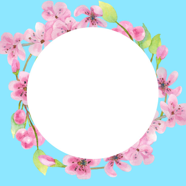 一个有樱花和浆果的框架，有一个圆形的空白用于文本。图片下载