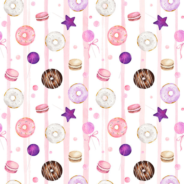 无缝模式与水彩甜甜圈，杏仁饼干和糖果在白色条纹的背景。图片下载