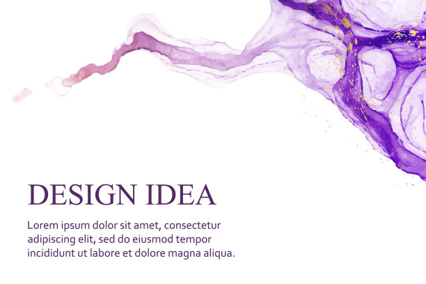 水彩背景与抽象紫色墨水波和金色飞溅在白色。图片下载