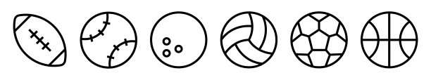 运动球矢量图标设置。球简单的图标。球的轮廓为足球，棒球，篮球，网球，排球孤立的白色背景。图片下载