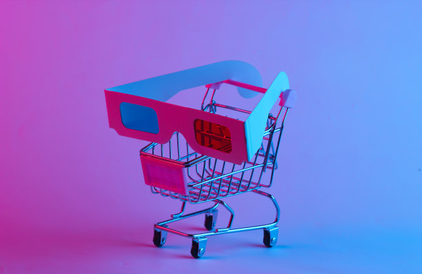 购物手推车与复古的3d眼镜从80年代时髦的霓虹灯。梯度粉红蓝色辉光。概念艺术。80年代流行文化。极简主义图片下载