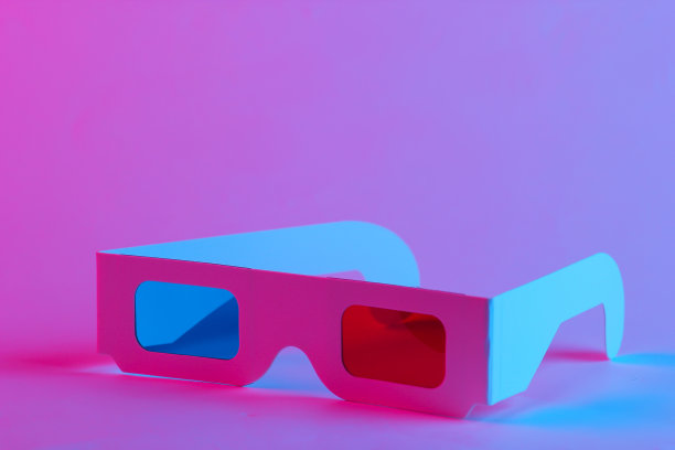 80年代的复古3d眼镜，时髦的霓虹灯。梯度粉红蓝色辉光。概念艺术。80年代流行文化。极简主义图片下载