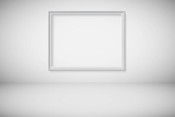 灰色画框挂在墙上。模拟模板著名的绘画矢量插图。逼真的场景室内灰色背景与地板。博物馆艺术展图片下载