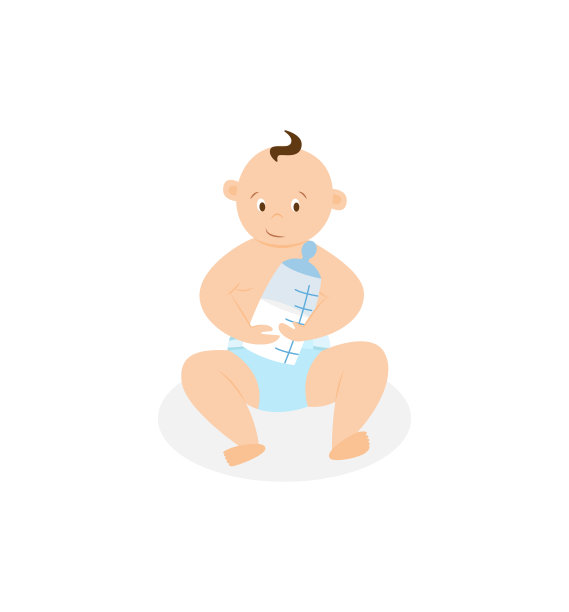 卡通人物可爱的男婴在尿布装瓶与儿童营养。图片下载