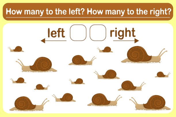 一种儿童逻辑游戏，叫做左或右。蜗牛的空间定向。培训表。数一数有多少只蜗牛向左旋，有多少只向右旋。图片下载