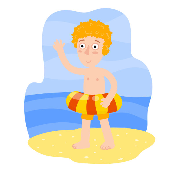 带着游泳圈的男孩。红头发的孩子学游泳。有趣的男孩玩。平坦的卡通。夏天的假期。度假，大海和海滩的元素素材图片
