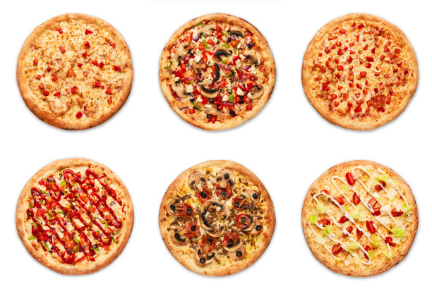 不同的披萨在白色的背景。高分辨率图片下载