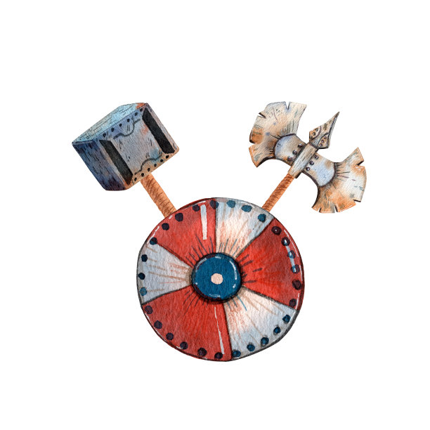 维京人的手臂。可爱的卡通风格的艺术。北欧海盗的斧头，锤子和盾牌。海盗装饰。古老的斯堪的纳维亚传统物品。卡片和印刷插图。图片下载