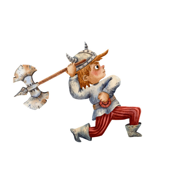 卡通插图有趣的海盗。男孩肖像。海盗头盔。古代北欧的孩子。可爱的卡通人物。中世纪的海盗。卡通儿童性格。图片下载