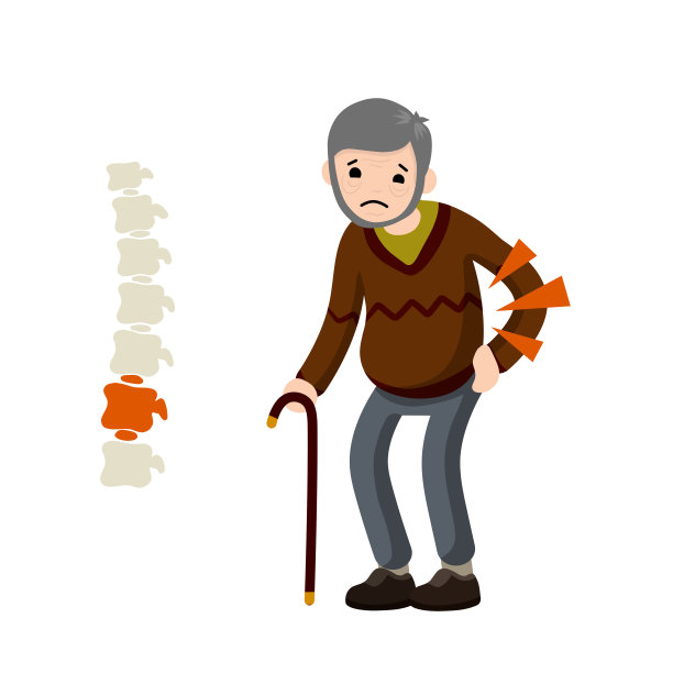 老人腰酸背痛。骨头的脊柱。医疗服务。骷髅上有红斑。拿着手杖的悲伤人物。卡通平说明. .爷爷腰痛图片下载
