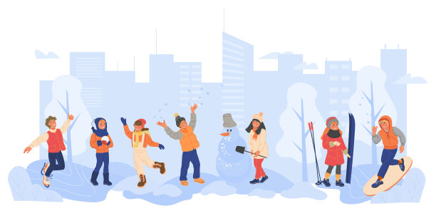 冬季小镇与玩耍的孩子平图片下载