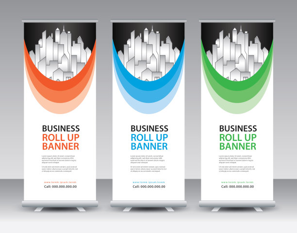 商业卷起横幅设计，卷起横幅模板，销售横幅stand或旗帜设计布局，Standee设计，展示，海报，传单，广告，现代展览广告矢量插图，网络横幅，横幅设计图片下载