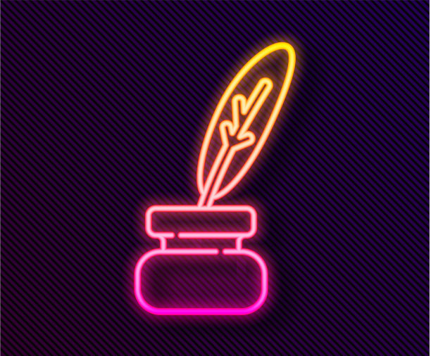 发光的霓虹线羽毛和墨水瓶图标图片下载