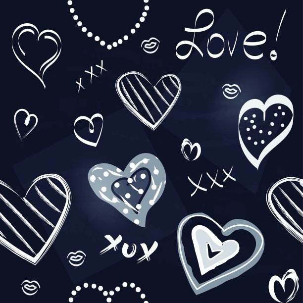 插图的爱文字与吻和心在白色轮廓上的黑色背景图片下载