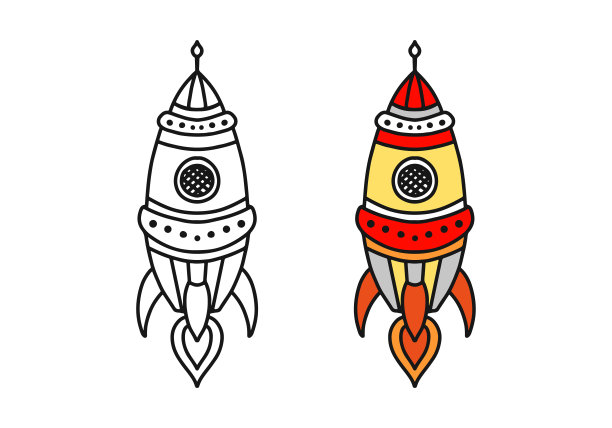 火箭飞在卡通手绘矢量插图。可用于印在t恤、婴儿服装设计、婴儿派对请帖上。儿童涂色书图片下载