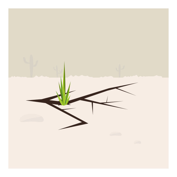 干旱。地上的裂缝和嫩芽。大自然的力量和力量。绿色的草，植物，花生长在干燥的沙漠土壤中。一片绿洲的碎片。热带景观环境。向量图片下载