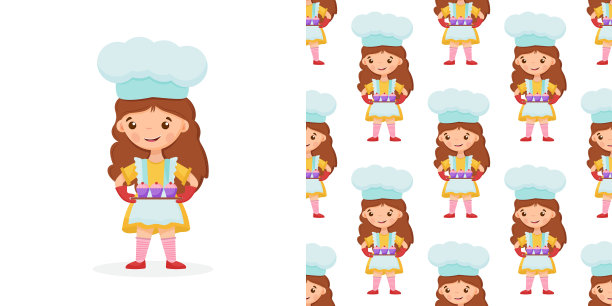 无缝图案可爱的小女孩拿着一个纸杯蛋糕放在托盘上。矢量图图片下载