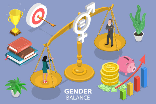 性别平衡的三维等距平面矢量概念插图。图片下载