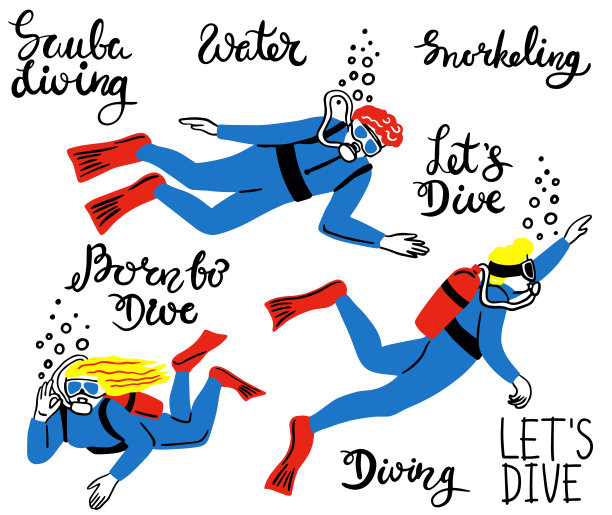 向量集合的潜水员。潜水、浮潜、水肺潜水。女孩，男孩，游到水下深处。刻字手绘。涂鸦图片下载