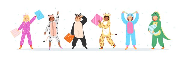 孩子们动物睡衣。穿着工装裤微笑的男孩和女孩，枕头大战和飞翔的羽毛。睡衣派对的可爱睡衣。嘉年华服装独角兽、熊猫和兔子矢量卡通集图片下载