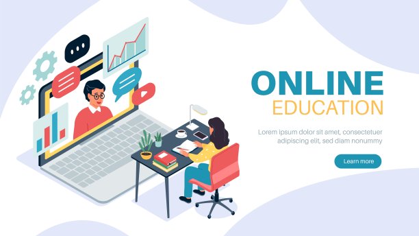 远程学习等距。女人坐在桌子后面看，笔记本电脑和老师在屏幕上，男人在网上讲课或研讨会，大学生或小学生互联网网络矢量概念图片下载