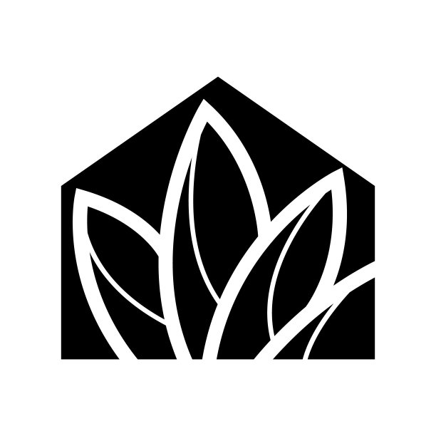 矢量标志，其中一个抽象的形象的房子与叶片的剪影内。图片下载