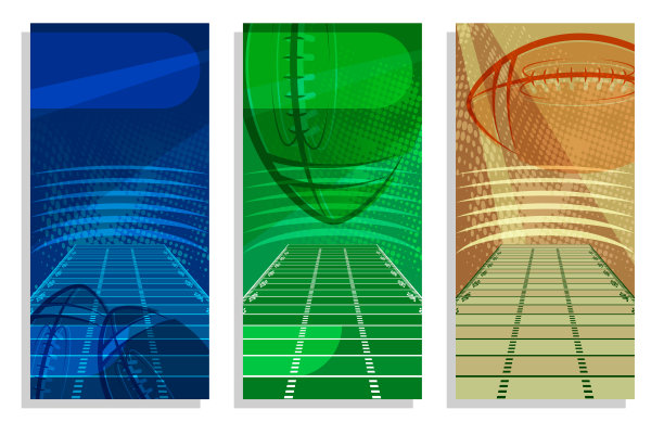 一套垂直的美国足球比赛与抽象的领域和球飞行。体育邀请、横幅、宣传册的模板。向量图片下载