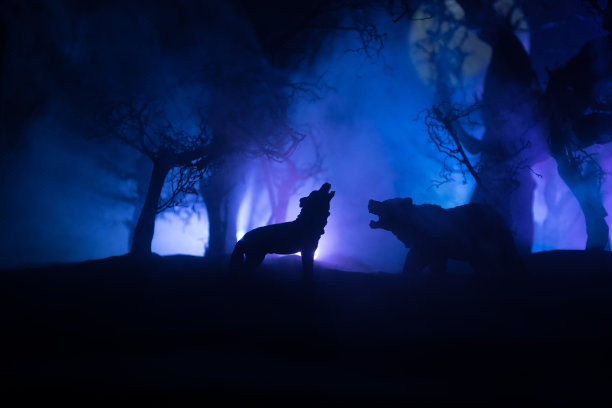 在满月和死林的地平线上，狼嚎的剪影。创意艺术品装饰。图片下载