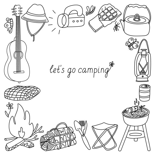 矢量涂鸦方形框架与营地设备图片下载
