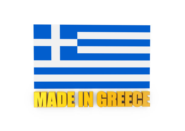 希腊国旗和在白色背景上的希腊文字图片下载