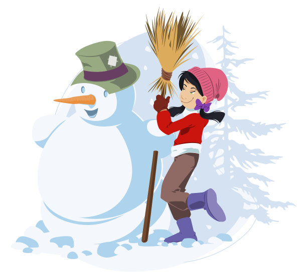 冬季有趣的女孩和雪人的互联网和图片下载